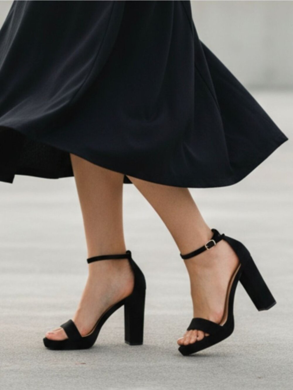 Black Block Heel Ankle Strap Sandals With Faux Suede Finish Open Toe Design And